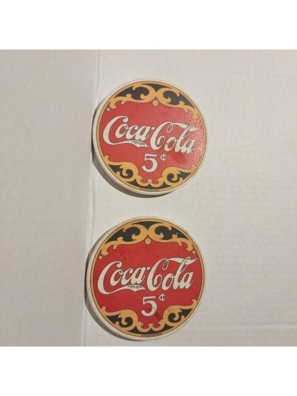 Vintage Coca-Cola 5¢ Round Cork Coasters Set Of 2 Red & Gold Design